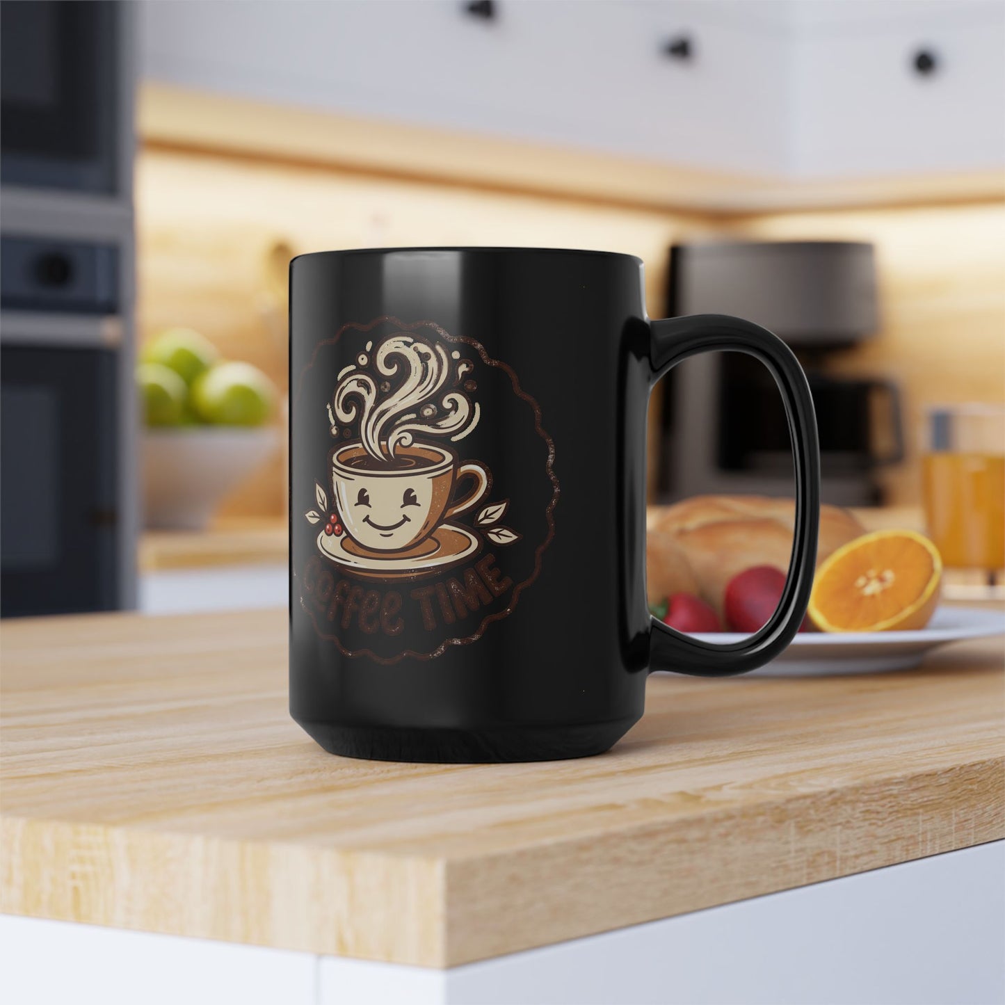 Coffee Time Black Mug – Cute Smiling Coffee Cup Ceramic Mug (11oz, 15oz)