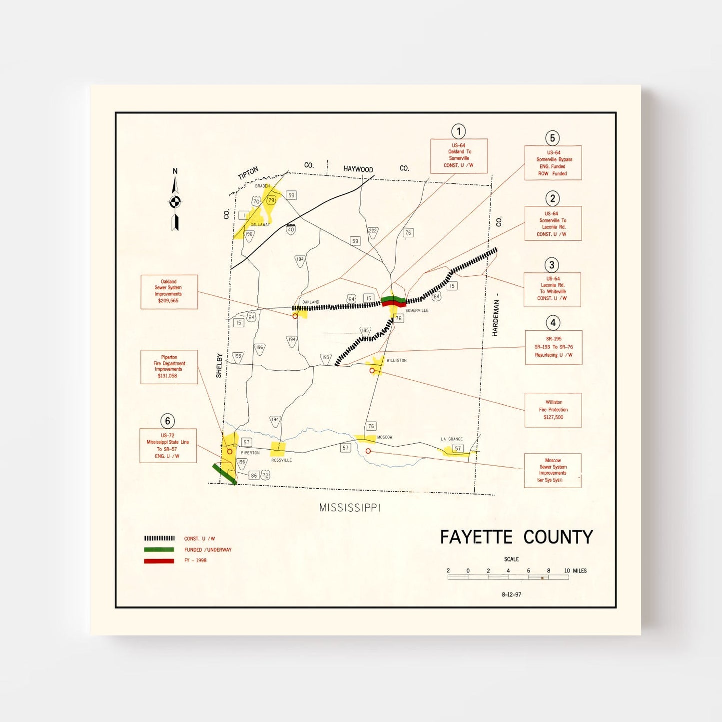 Vintage Map of Fayette County, Tennessee 1997