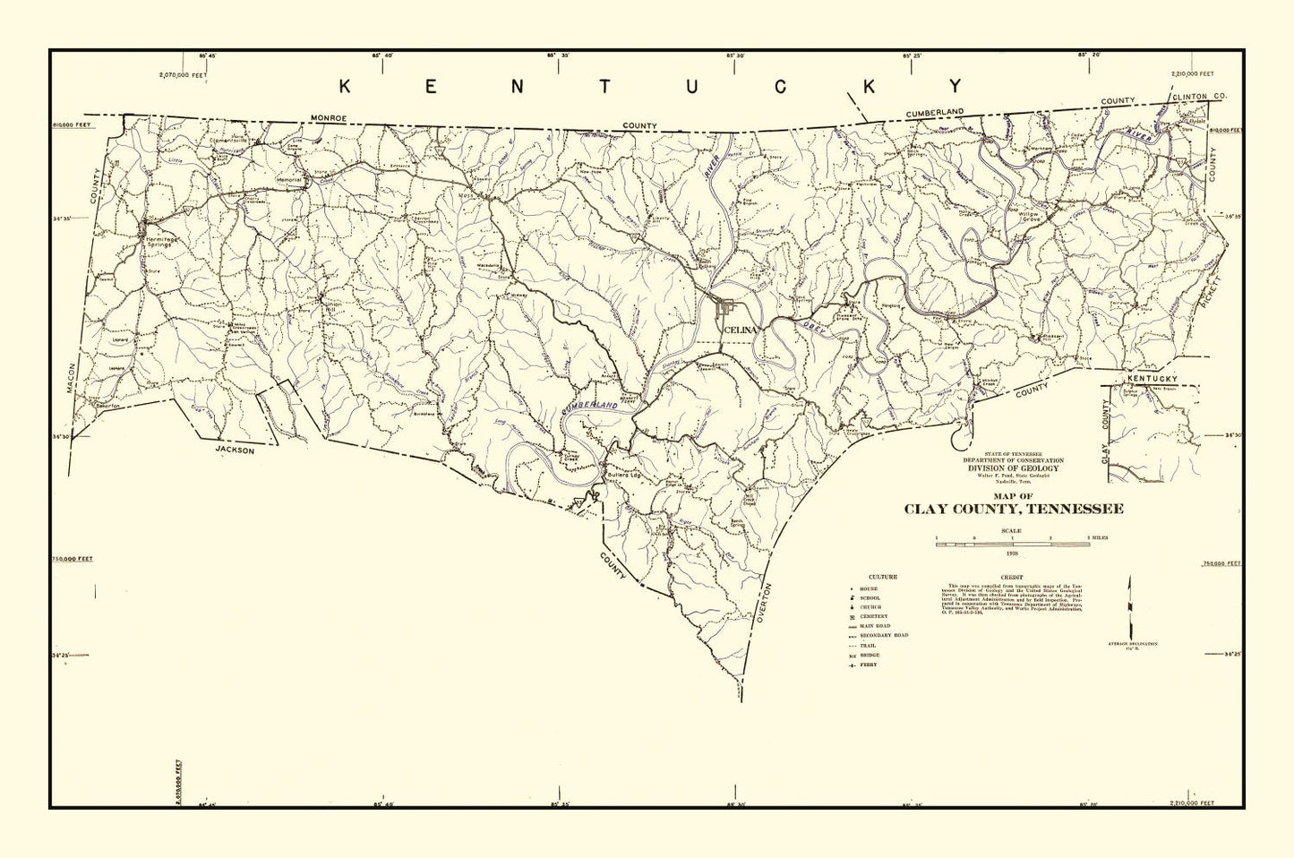Vintage Map of Clay County, Tennessee 1938