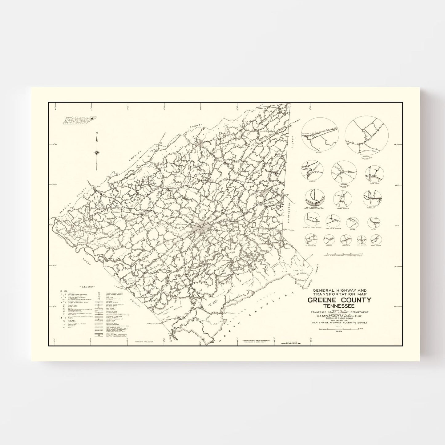 Vintage Map of Greene County, Tennessee 1938