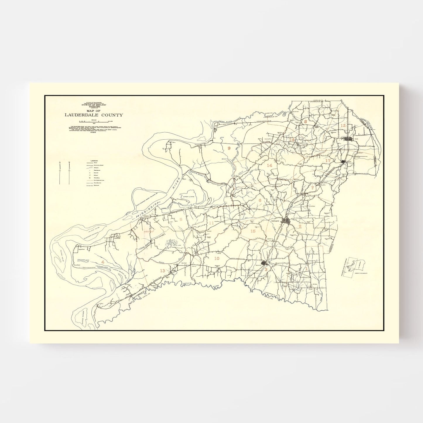 Vintage Map of Lauderdale County, Tennessee 1935