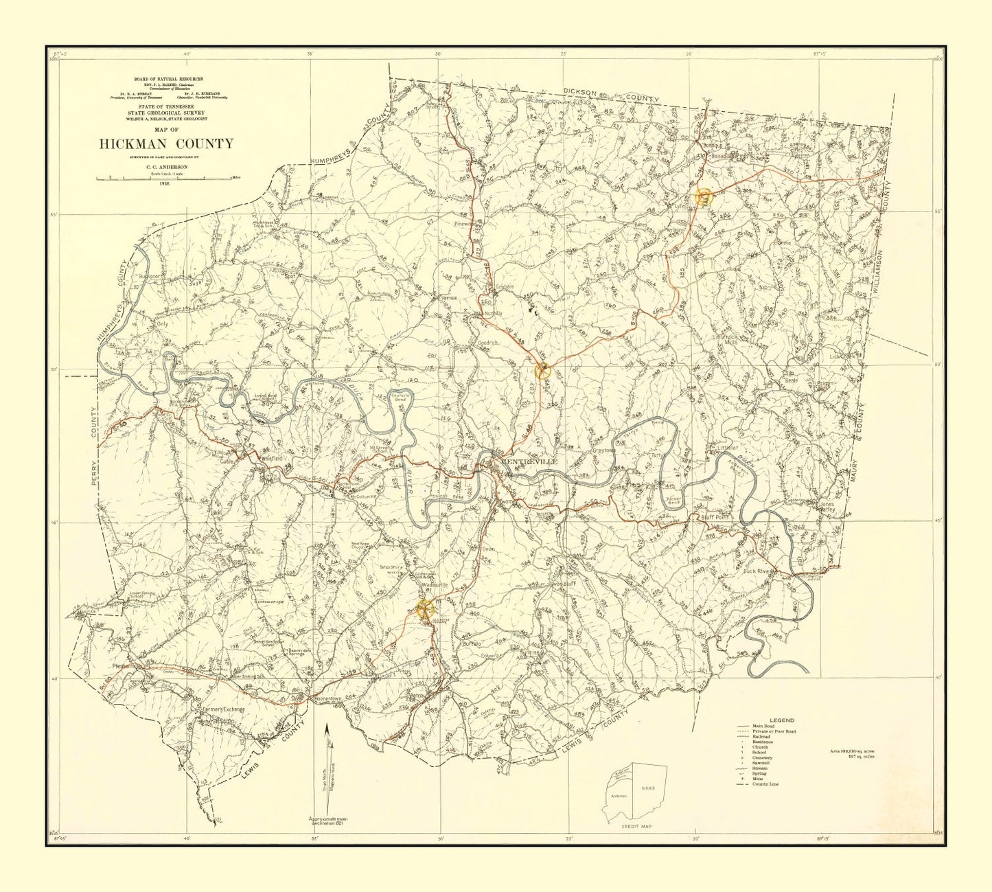 Vintage Map of Hickman County, Tennessee 1926