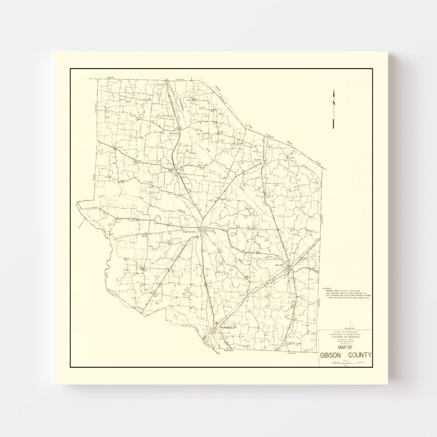 Vintage Map of Gibson County, Tennessee 1937