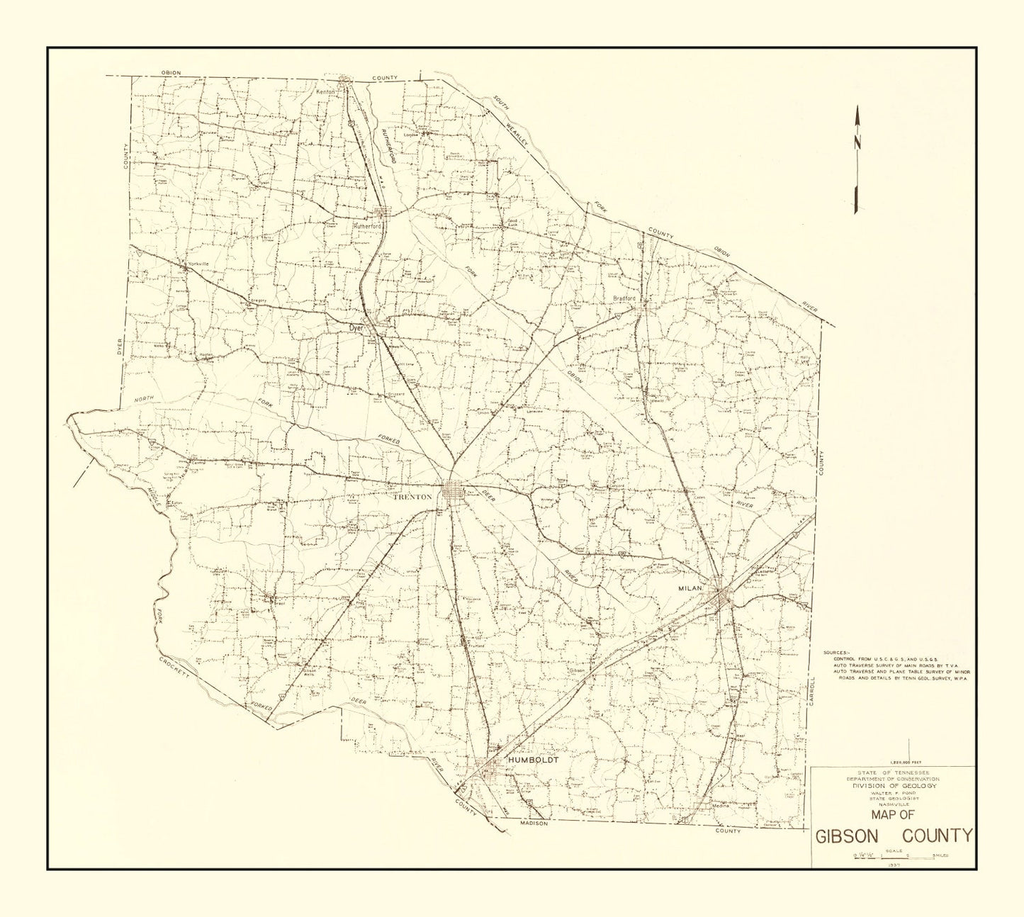 Vintage Map of Gibson County, Tennessee 1937