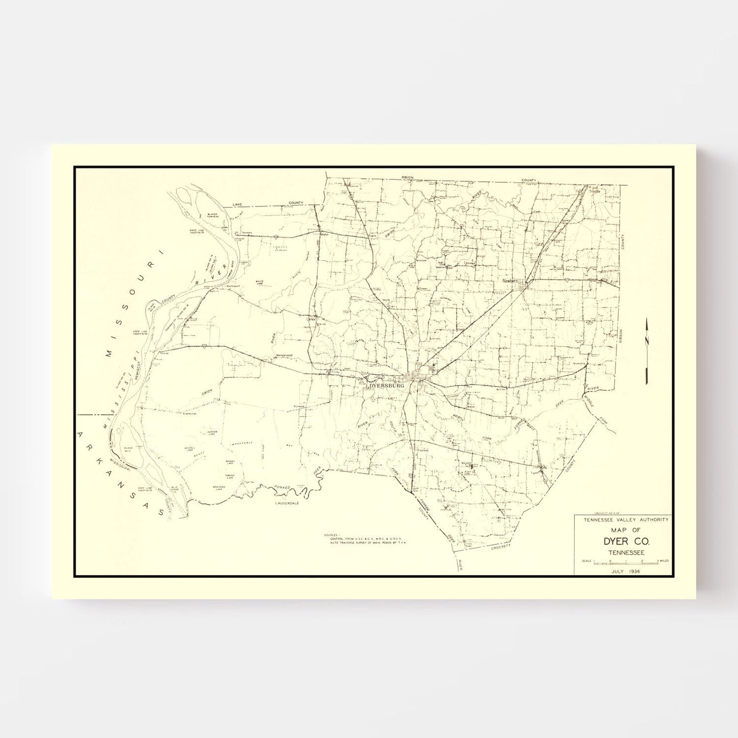 Vintage Map of Dyer County, Tennessee 1936
