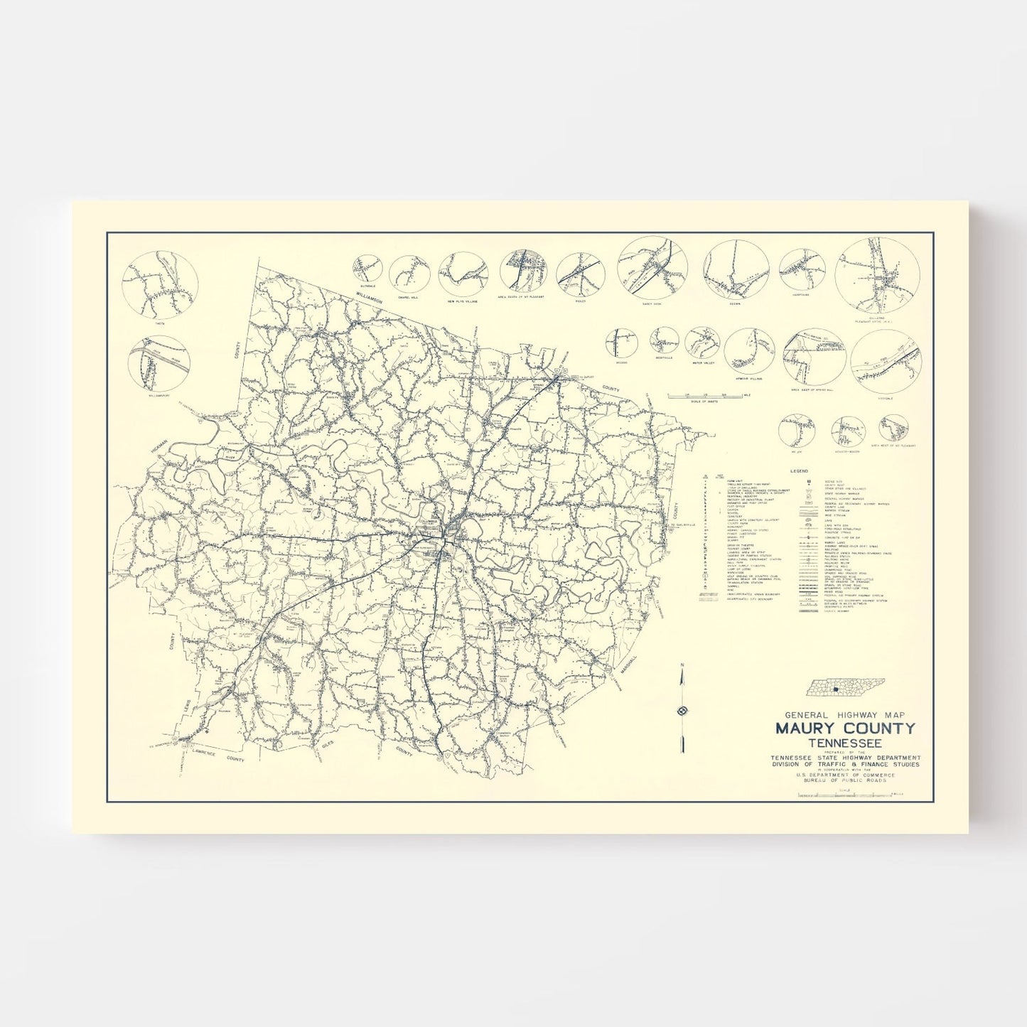 Vintage Map of Maury County, Tennessee 1951
