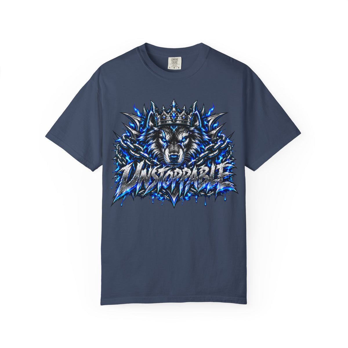 Wolf 'Unstoppable' Graphic Tee — Bold Blue Crowned Wolf Shirt