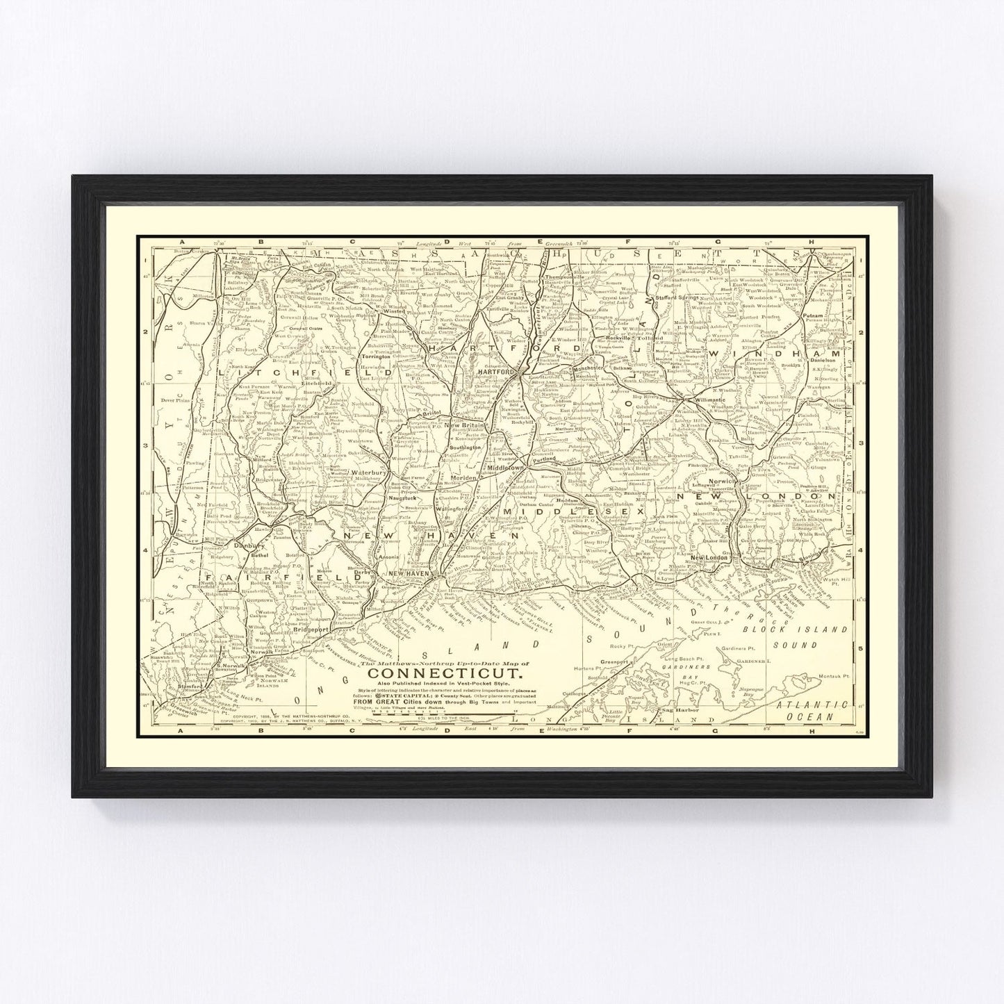 Vintage Map of Connecticut 1898