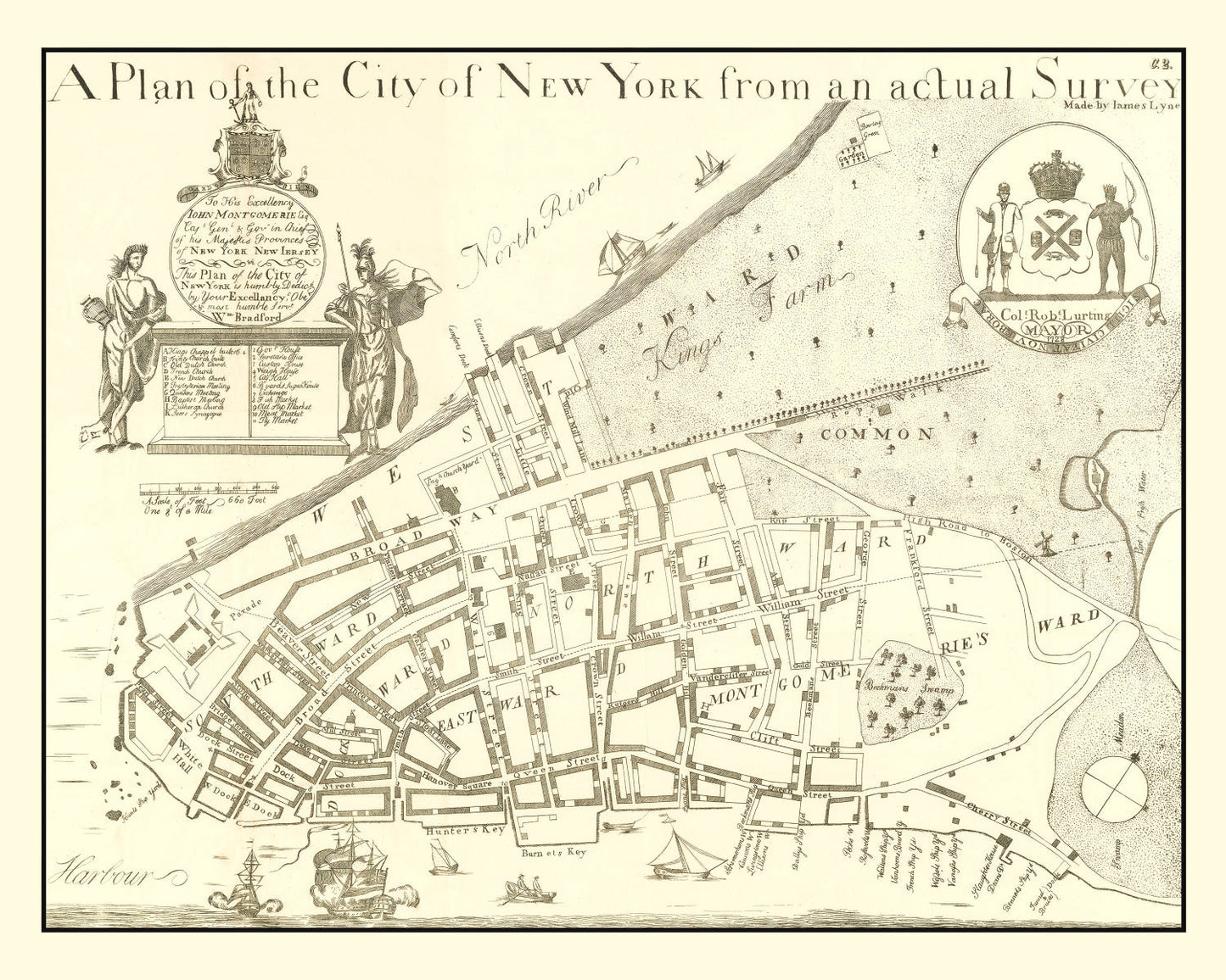 Vintage Map of New York City, New York 1728