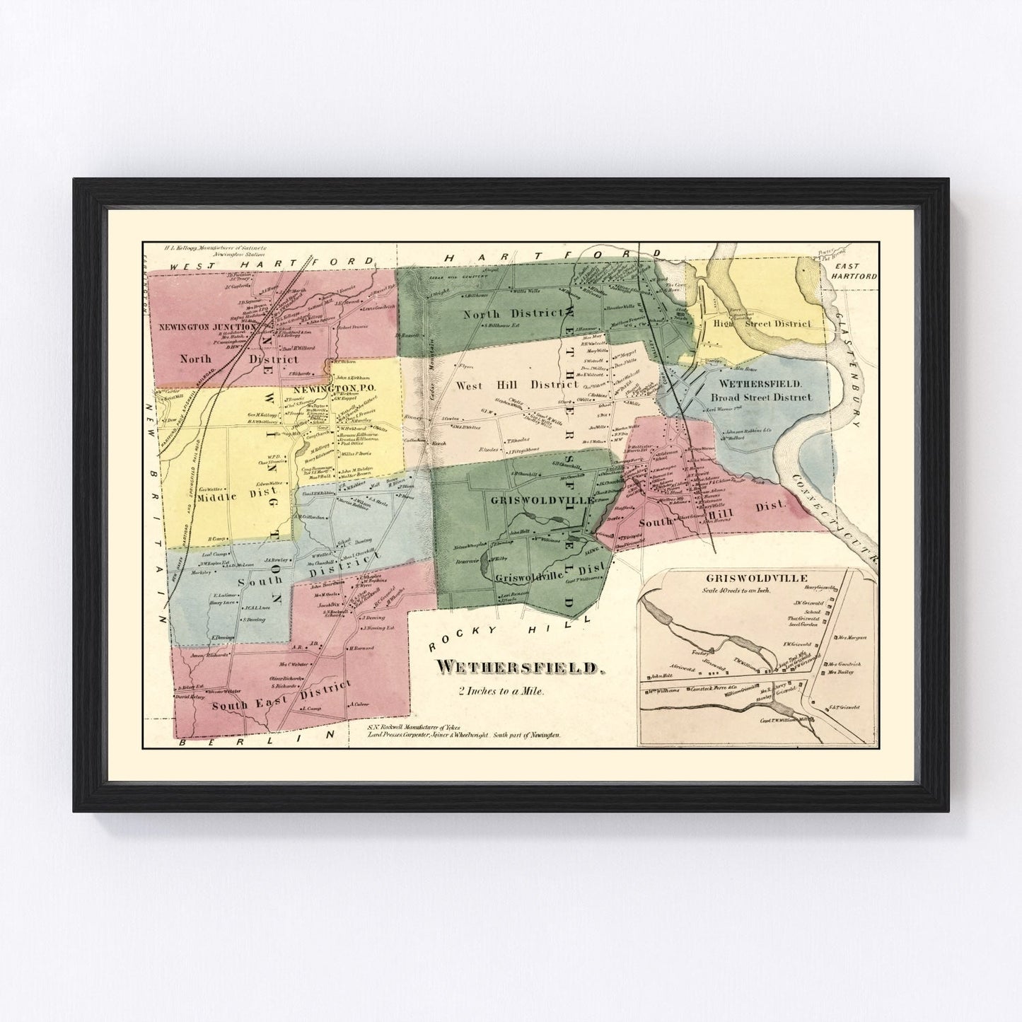 Vintage Map of Wethersfield, Connecticut 1869