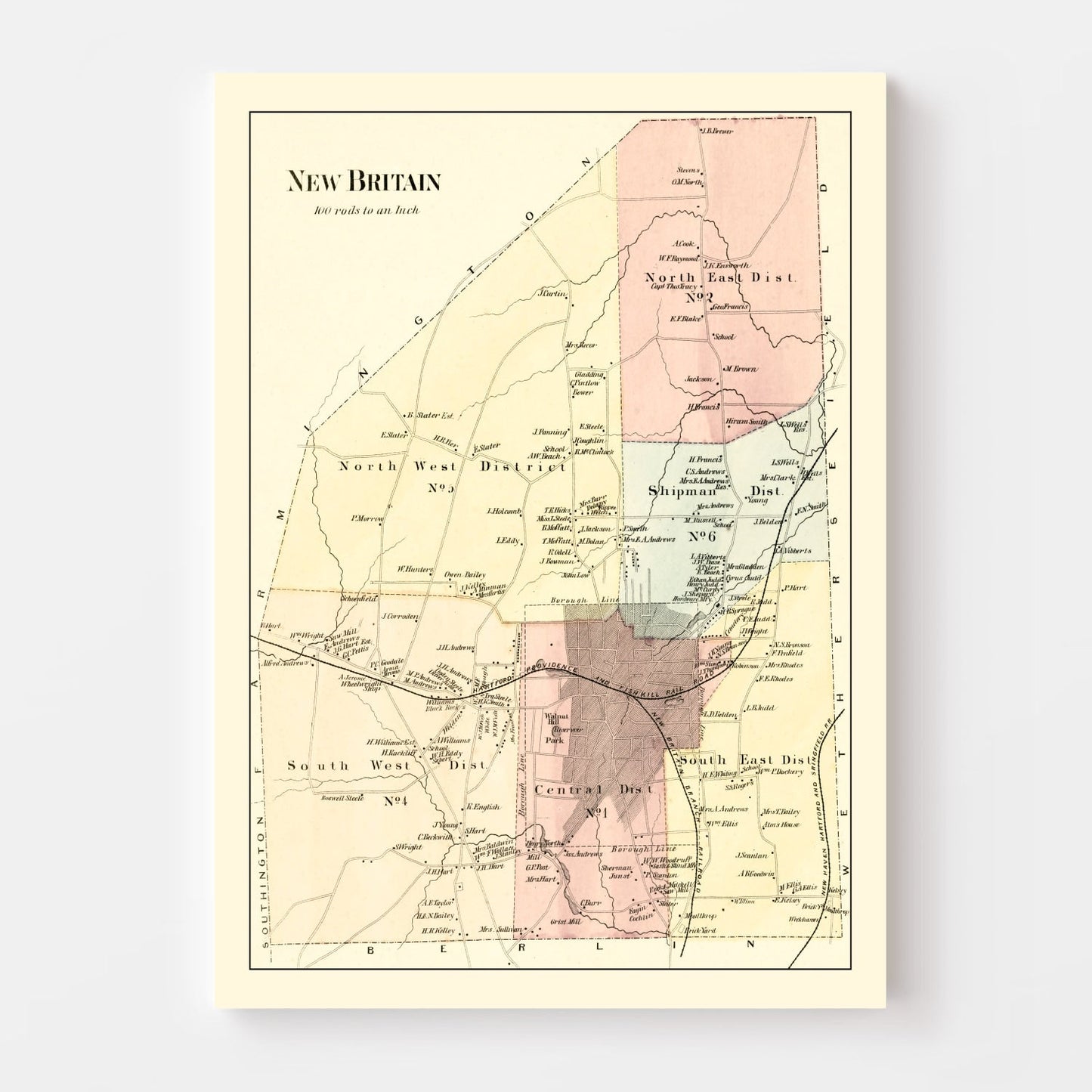 Vintage Map of New Britain, Connecticut 1869
