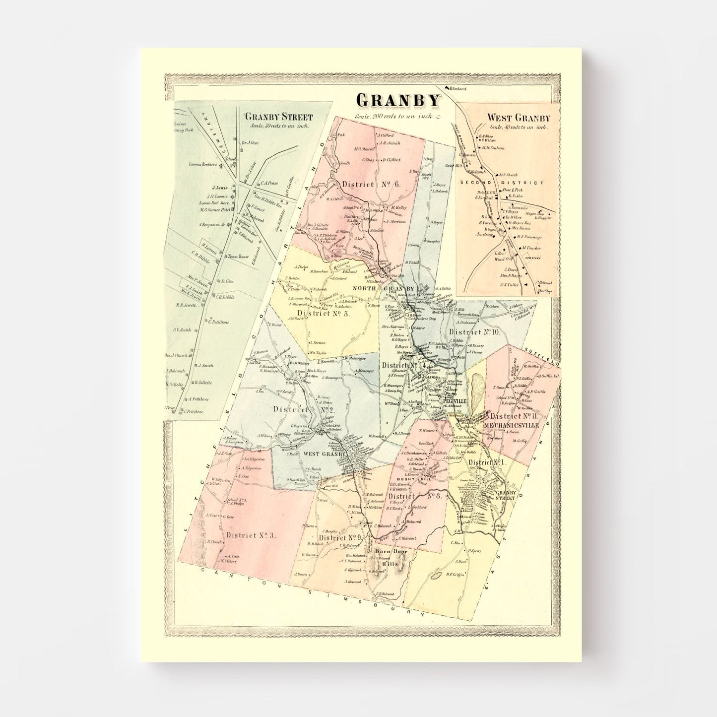 Vintage Map of Granby, Connecticut 1869
