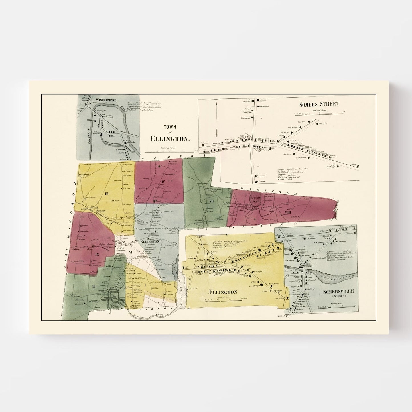 Vintage Map of Town of Ellington, Connecticut 1869