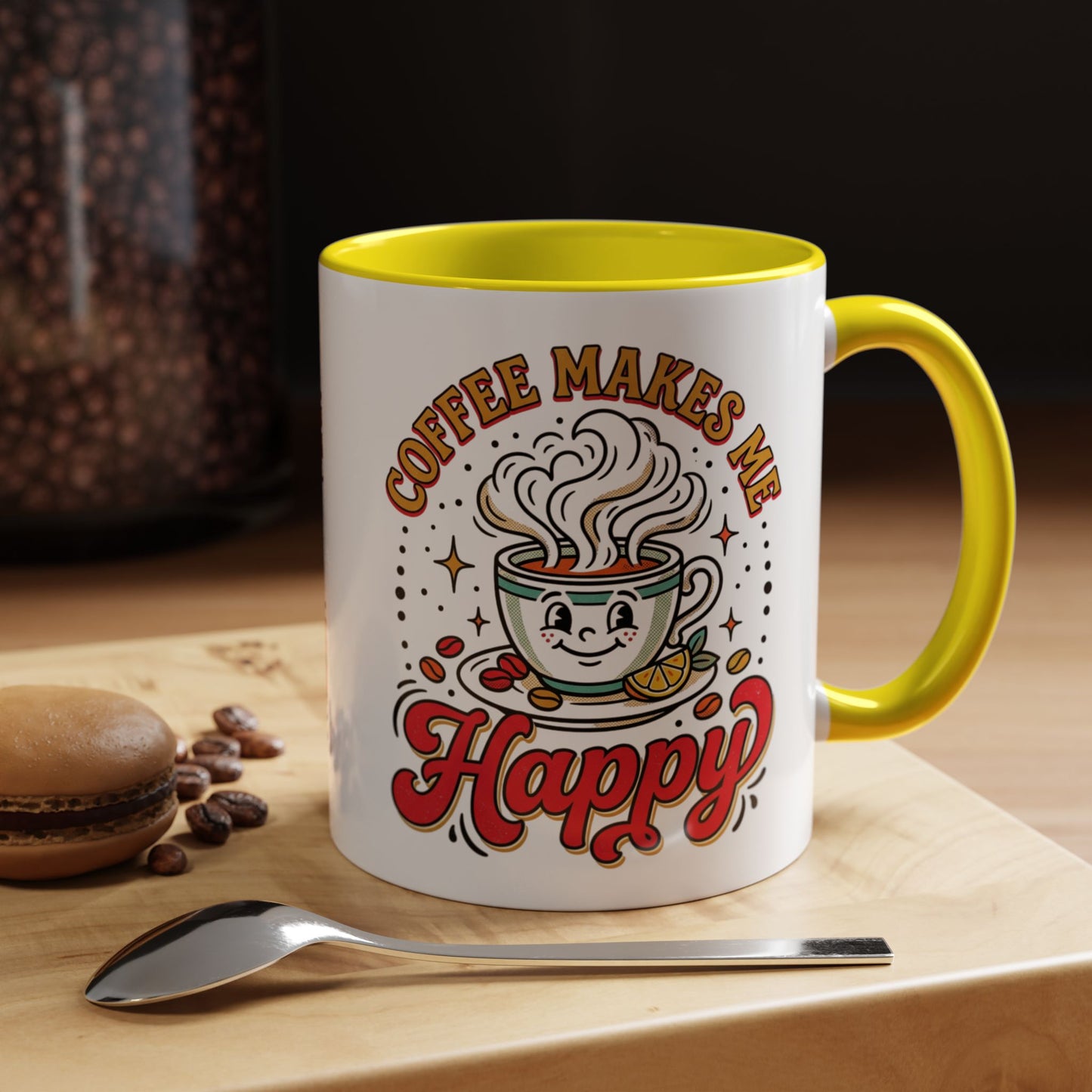 Coffee Mug — "Coffee Makes Me Happy" Cute Retro Accent Mug (11/15oz)