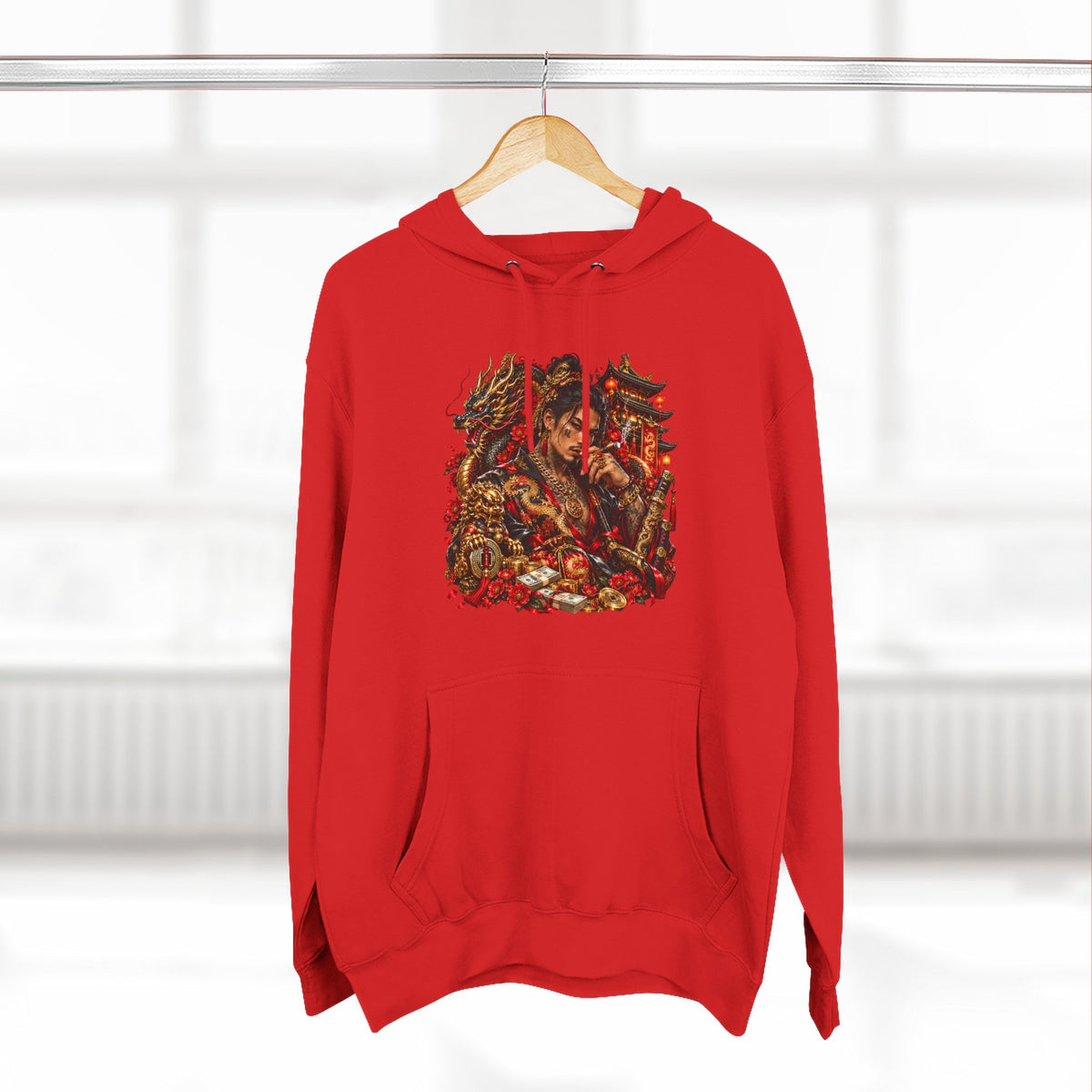 Dragon Battle Hoodie — Three-Panel Fleece Hooded Sweatshirt with Fiery Fantasy Artwork