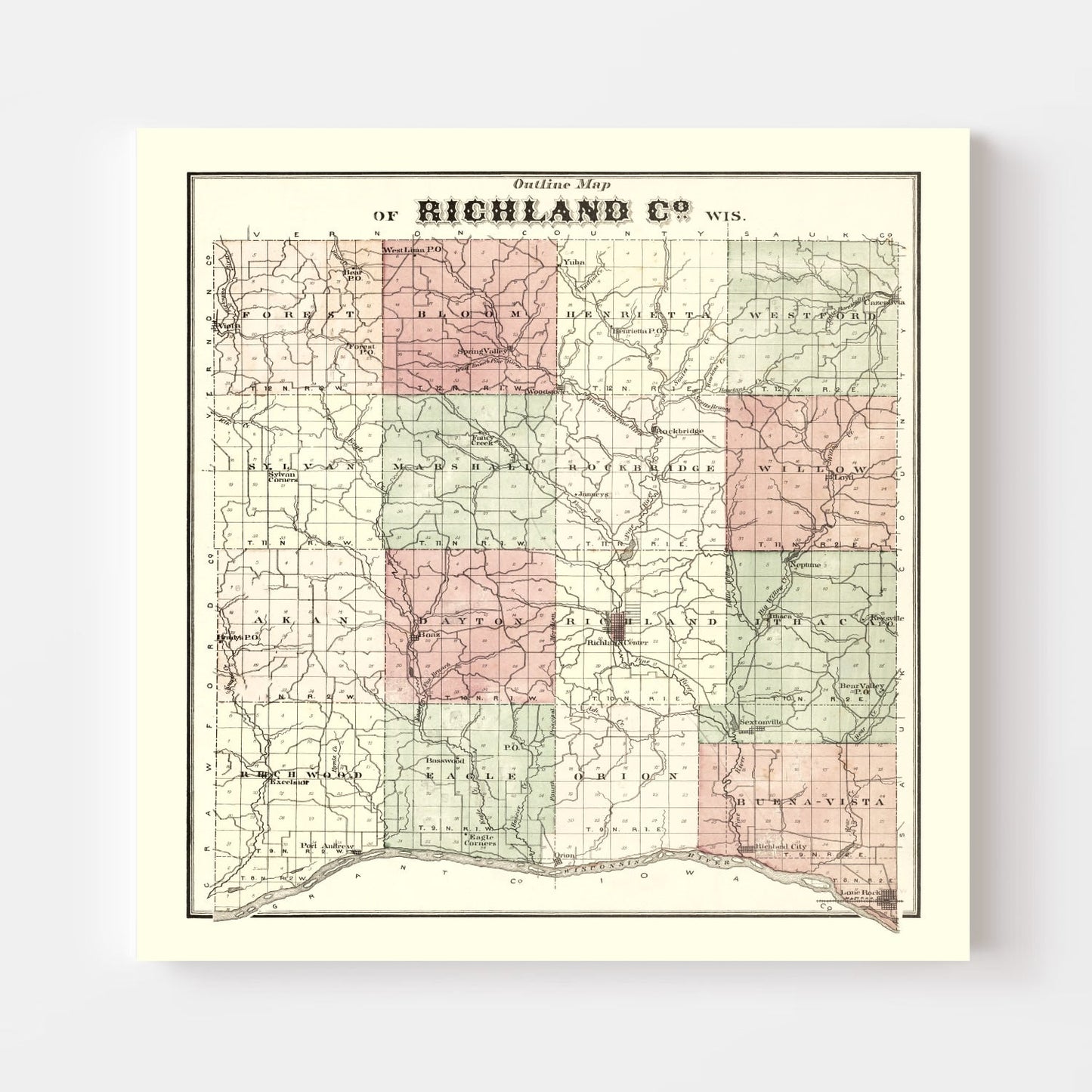 Vintage Map of Richland County, Wisconsin 1874