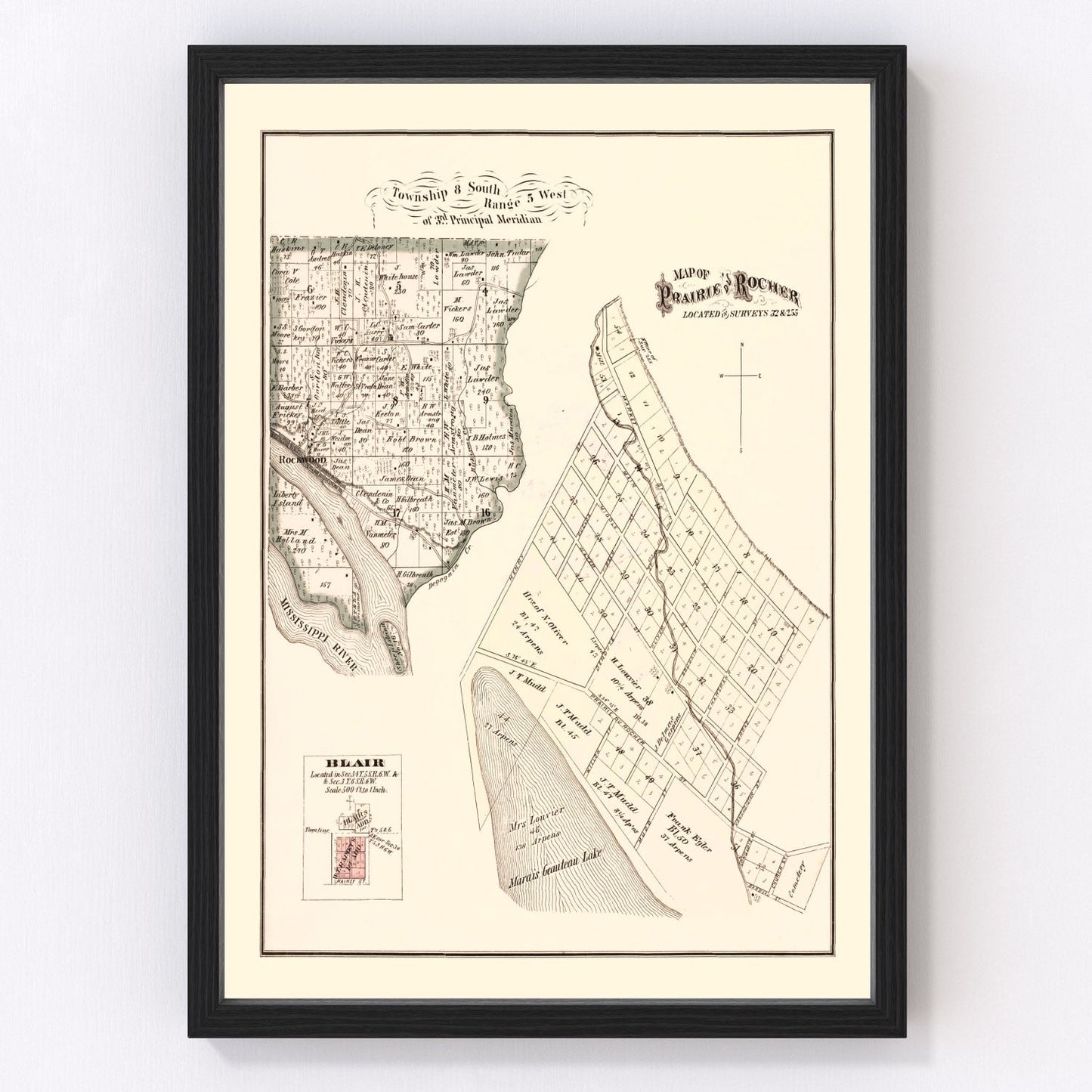 Vintage Map of Prairie and Rocher, Illinois 1875
