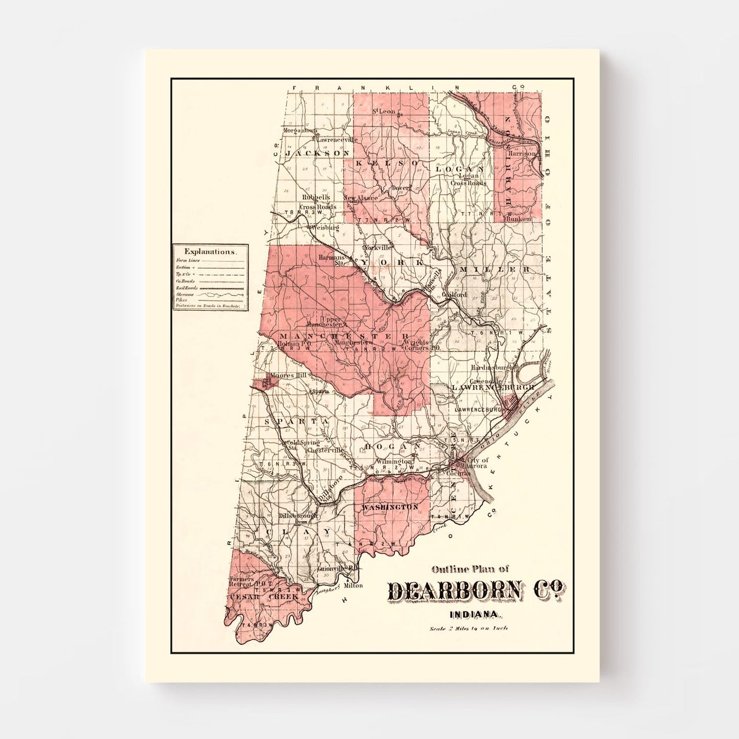 Vintage Map of Dearborn County, Indiana 1875