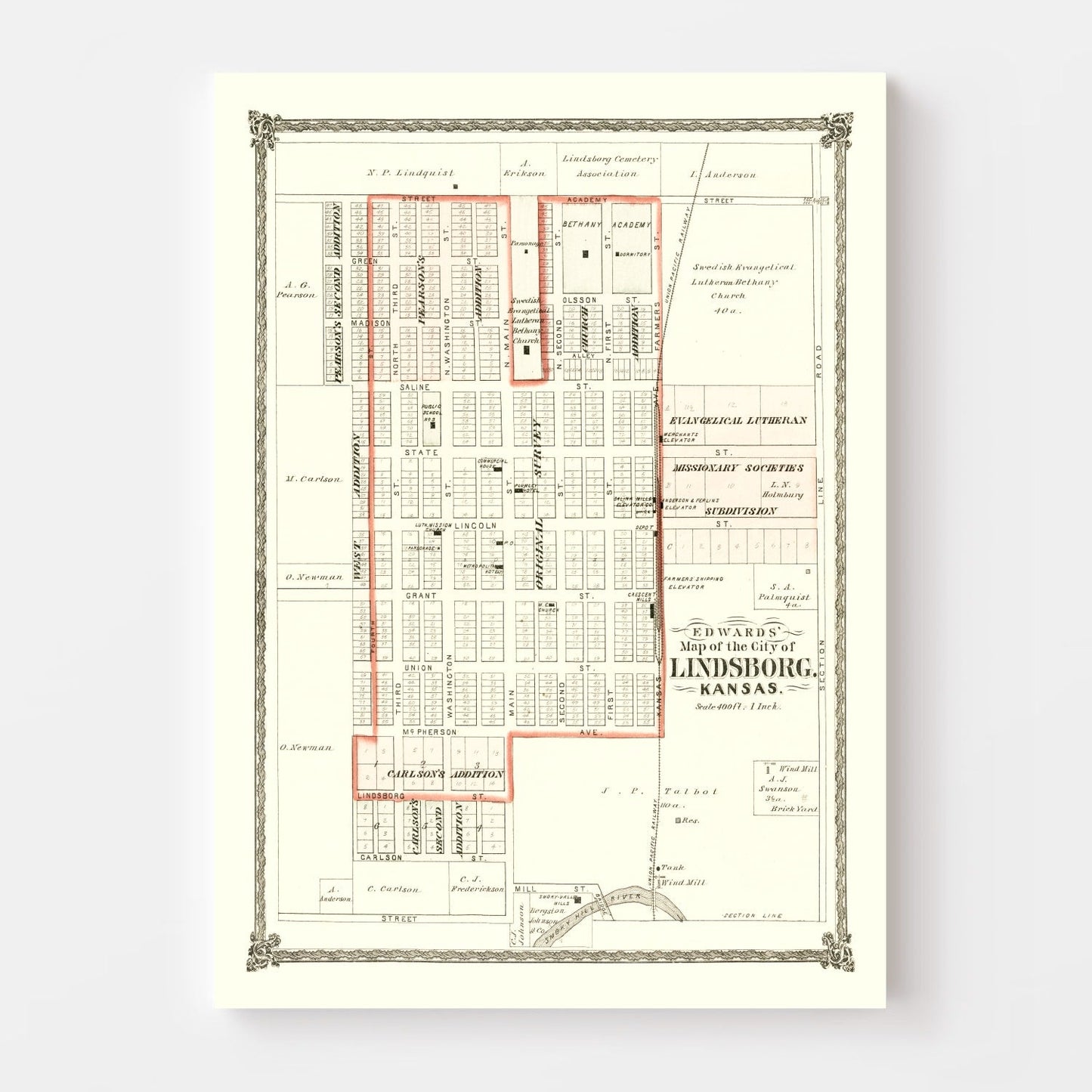 Vintage Map of Lindsborg, Kansas 1884