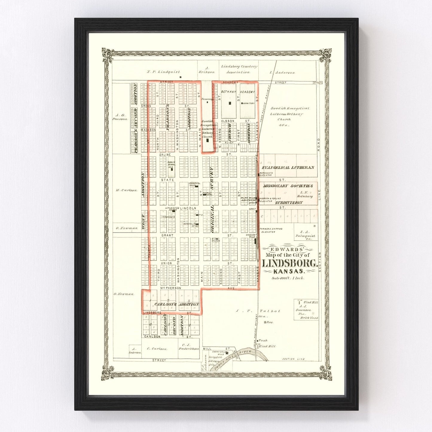 Vintage Map of Lindsborg, Kansas 1884