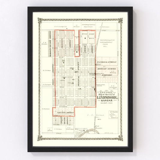 Vintage Map of Lindsborg, Kansas 1884