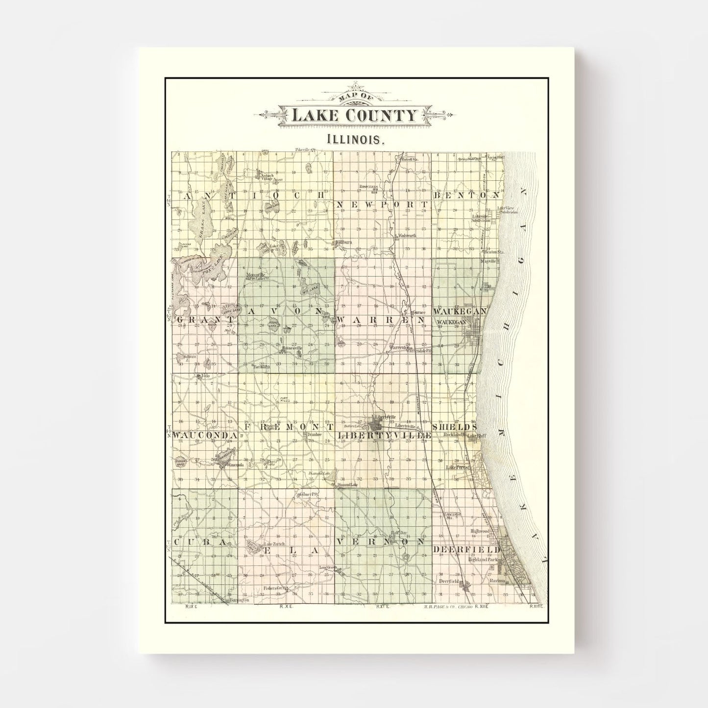 Vintage Map of Lake County, Illinois 1885