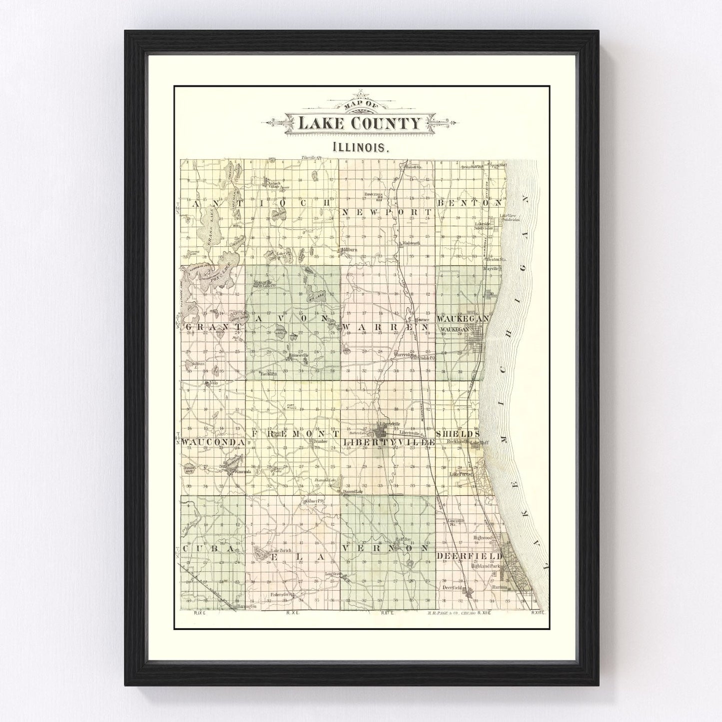 Vintage Map of Lake County, Illinois 1885