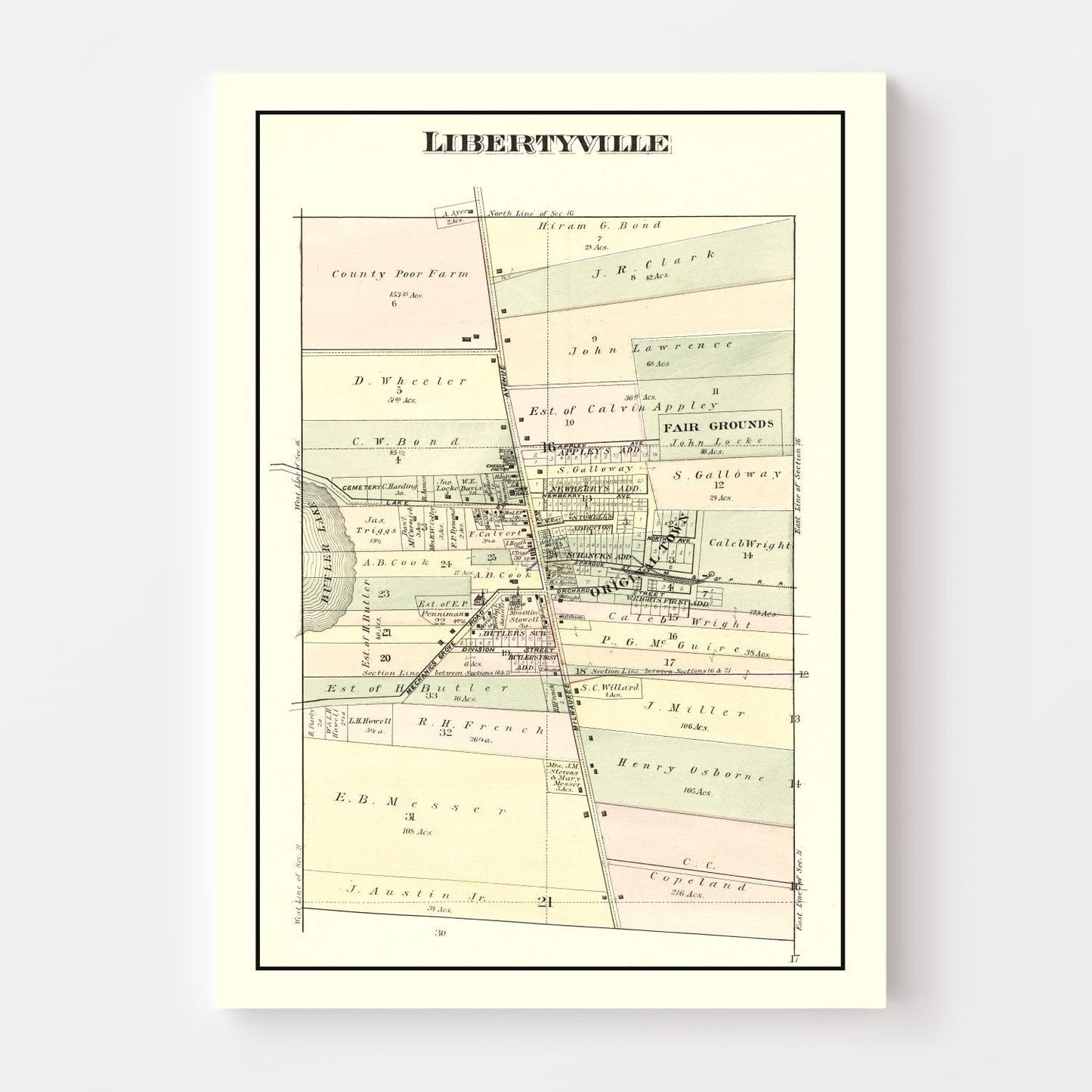 Vintage Map of Libertyville, Illinois 1885