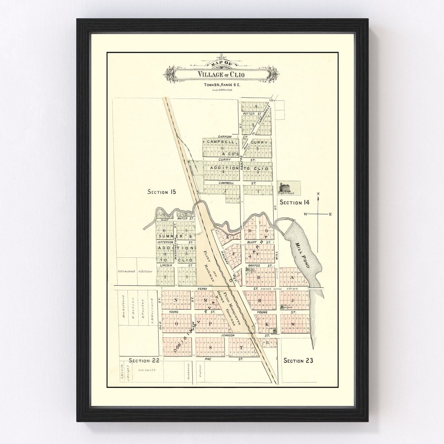 Vintage Map of Clio, Michigan 1889