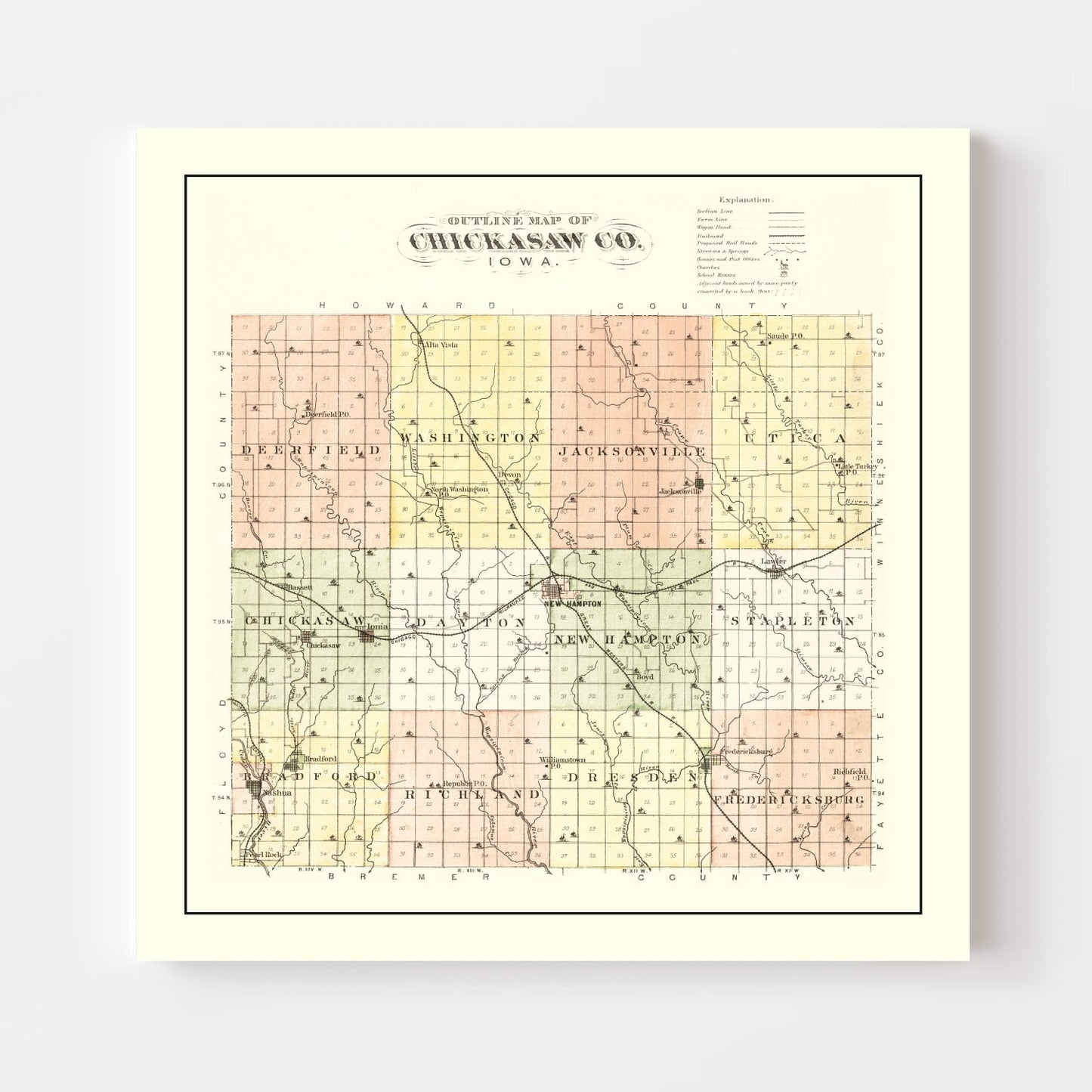 Vintage Map of Chickasaw County, Iowa 1892