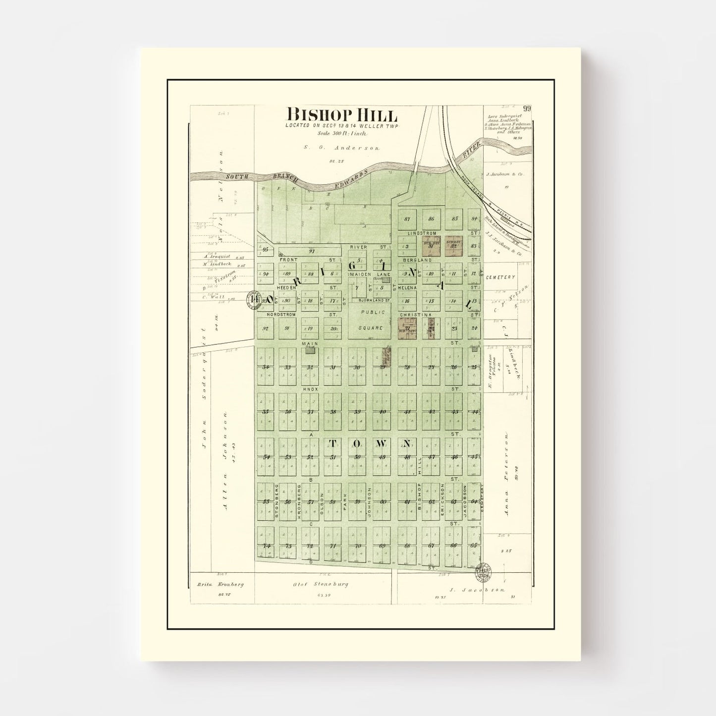 Vintage Map of Bishop Hill, Illinois 1893