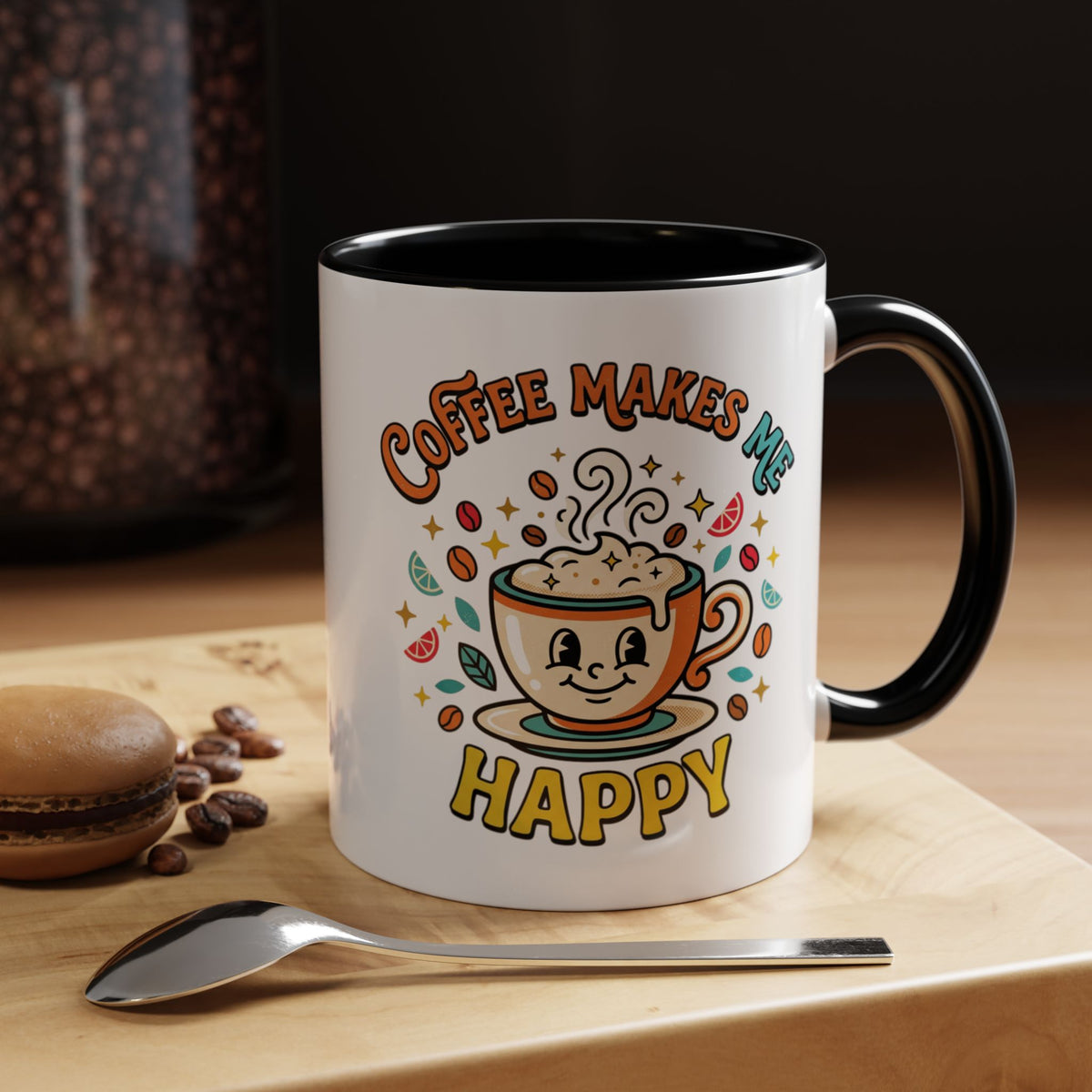Coffee Mug — "Coffee Makes Me Happy" Cute Retro Accent Mug (11/15oz)