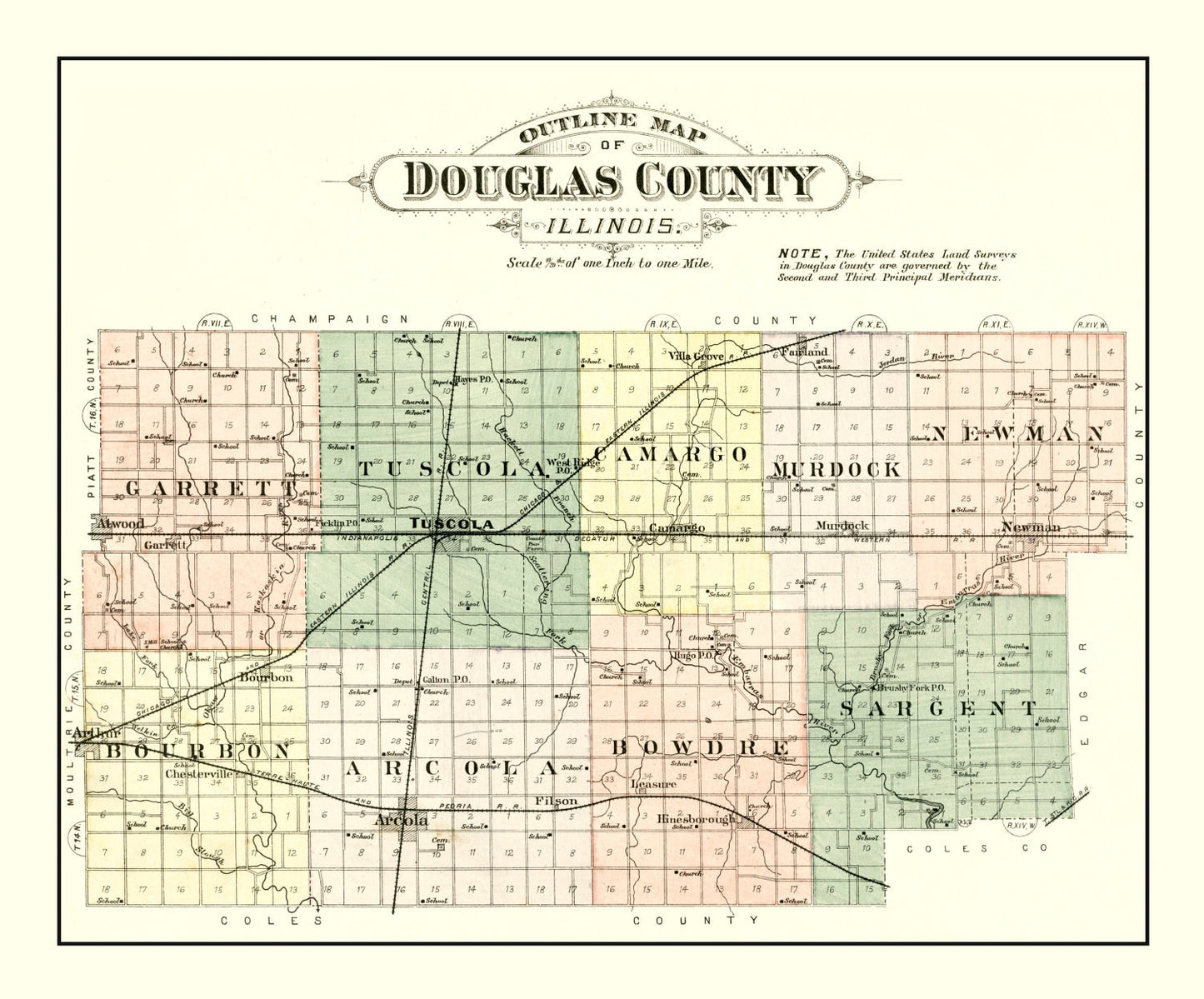 Vintage Map of Douglas County, Illinois 1893