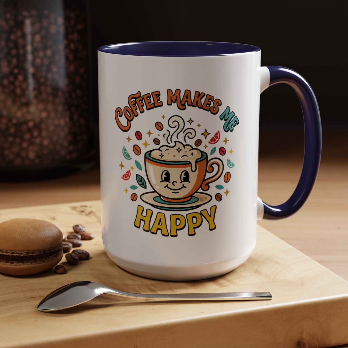 Coffee Mug — "Coffee Makes Me Happy" Cute Retro Accent Mug (11/15oz)