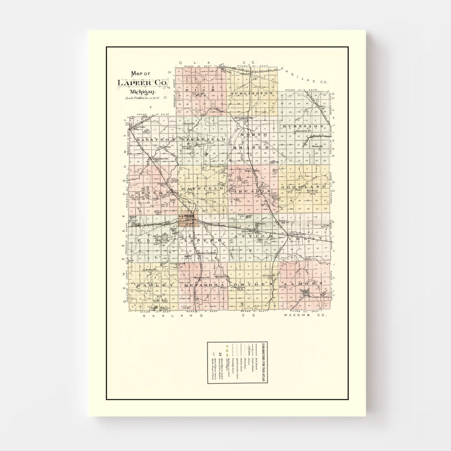 Vintage Map of Lapeer County, Michigan 1893