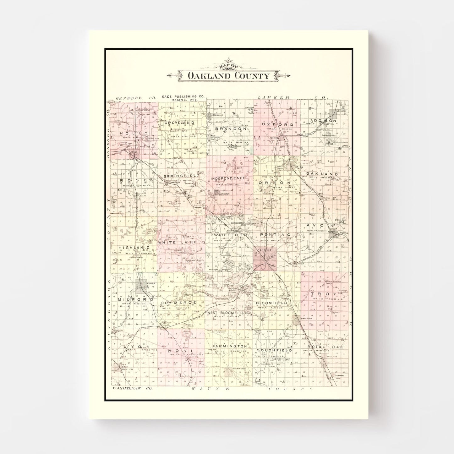 Vintage Map of Oakland County, Michigan 1896