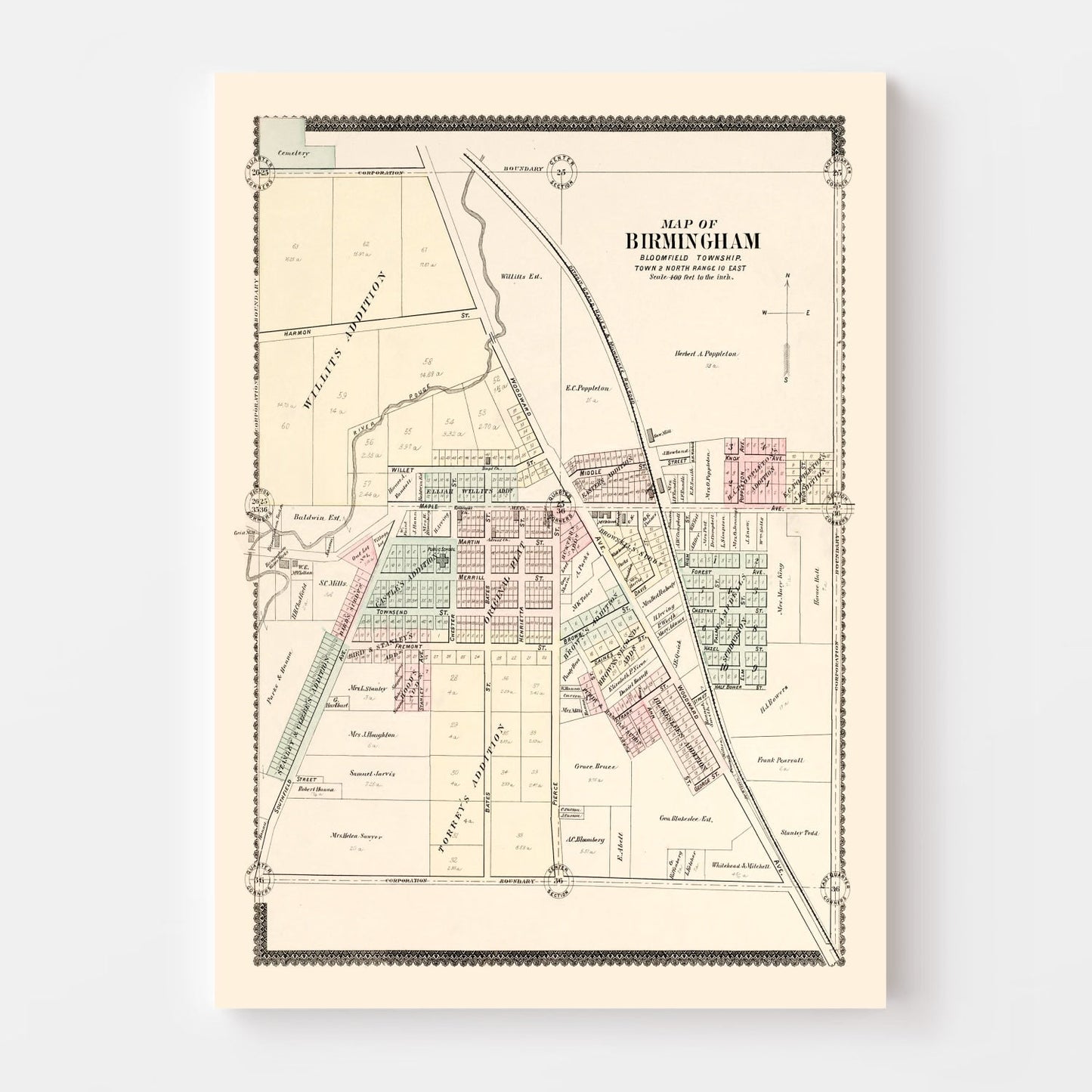 Vintage Map of Birmingham, Michigan 1896