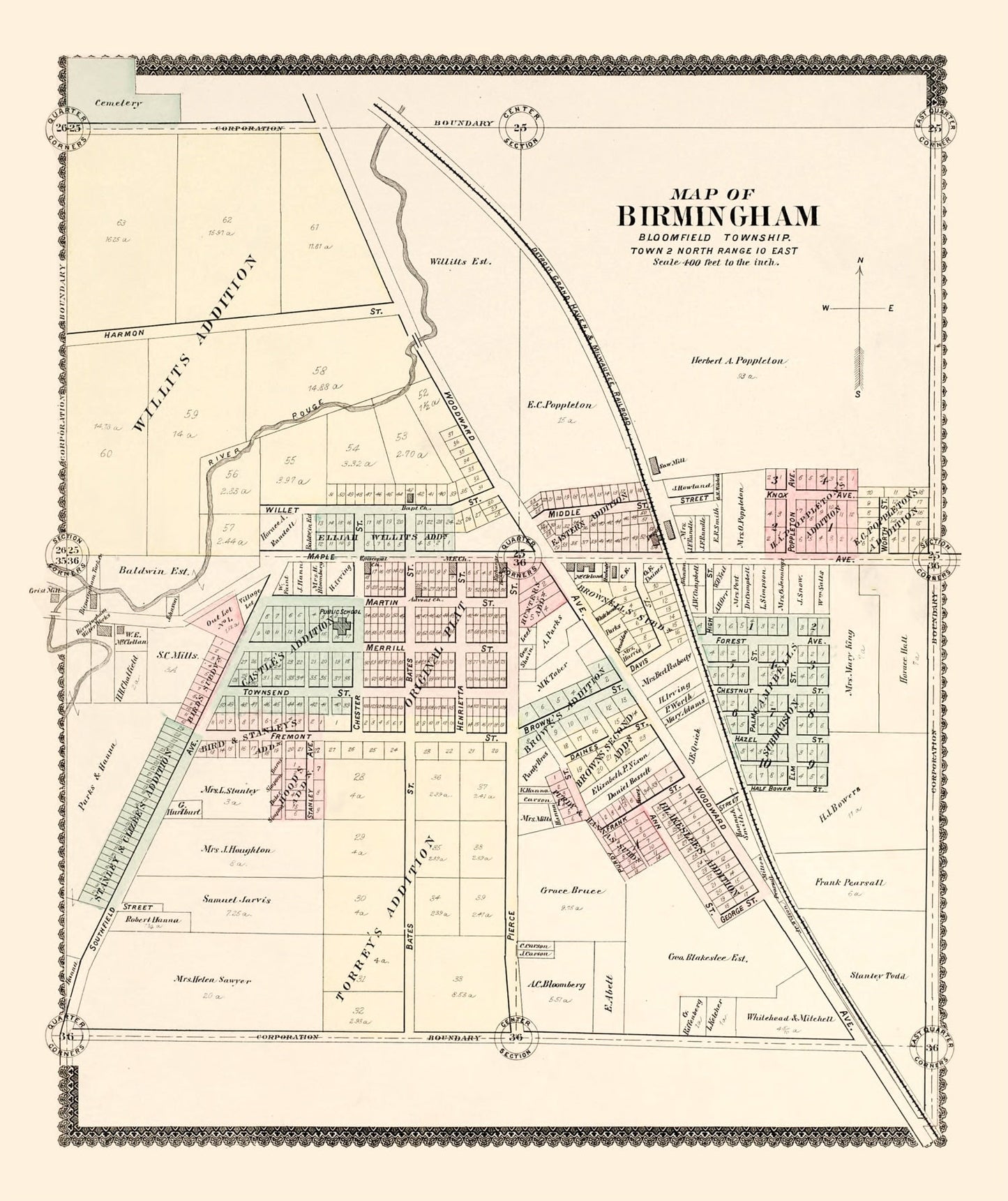 Vintage Map of Birmingham, Michigan 1896
