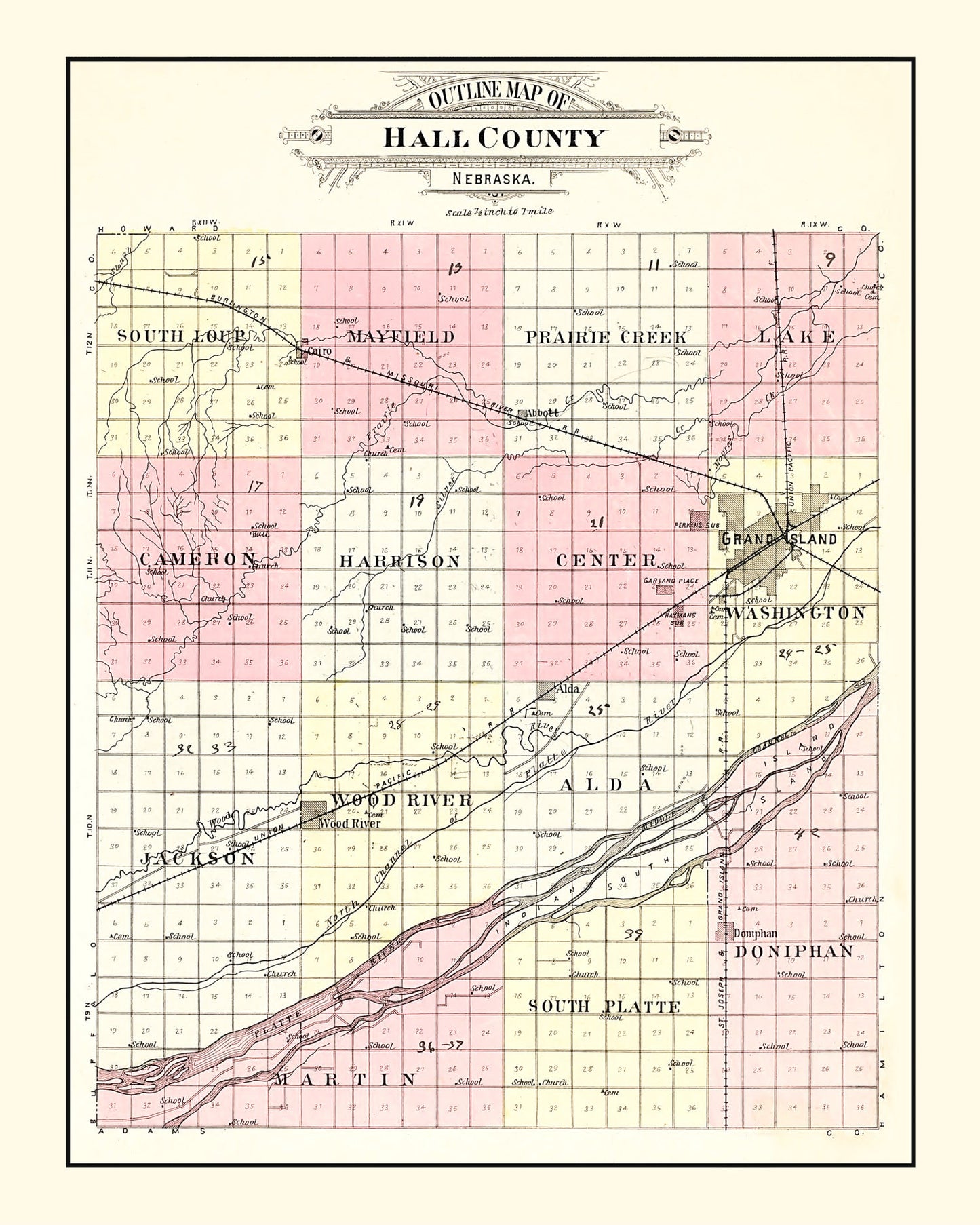 Vintage Map of Hall County, Nebraska 1904