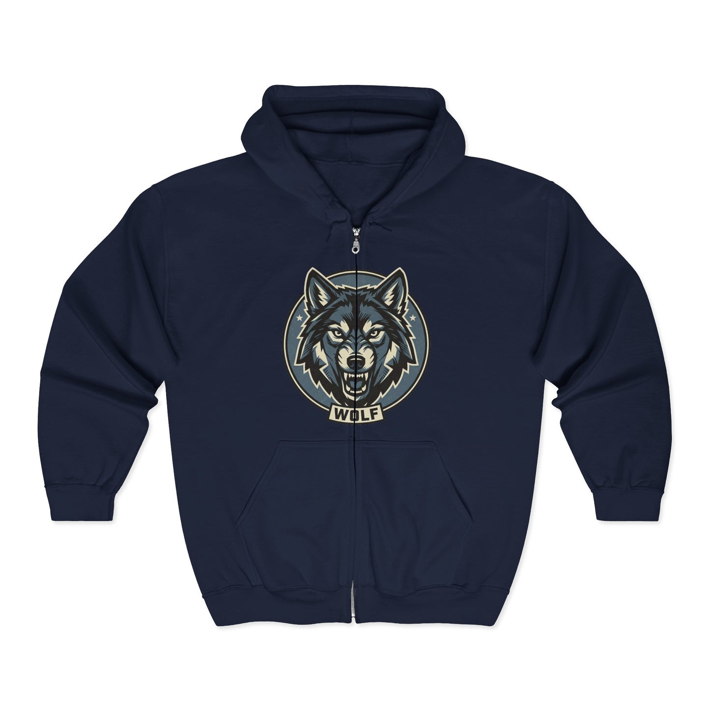 Wolf Head Zip Hoodie — Vintage Wolf Full-Zip Hooded Sweatshirt
