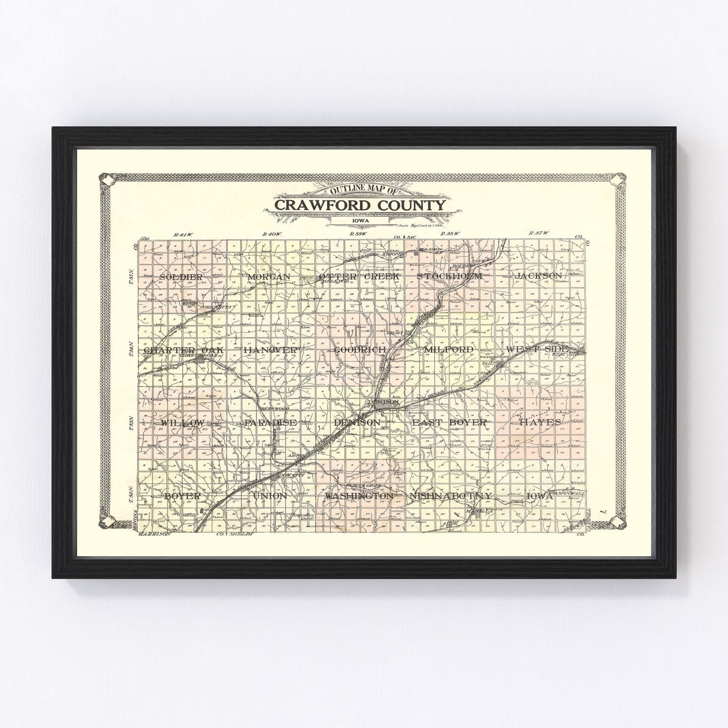 Vintage Map of Crawford County, Iowa 1908
