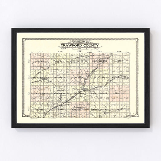 Vintage Map of Crawford County, Iowa 1908
