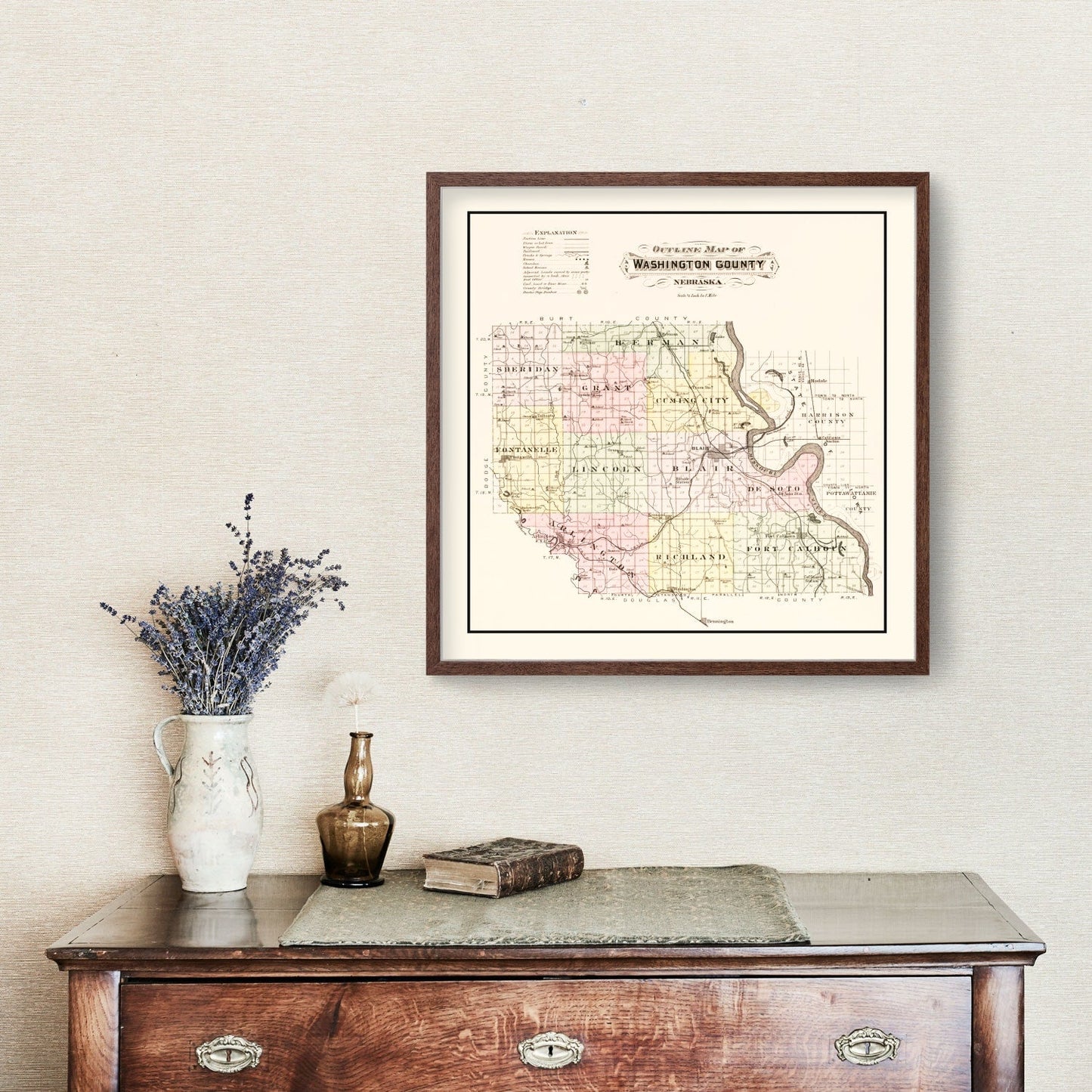 Vintage Map of Washington County, Nebraska 1908