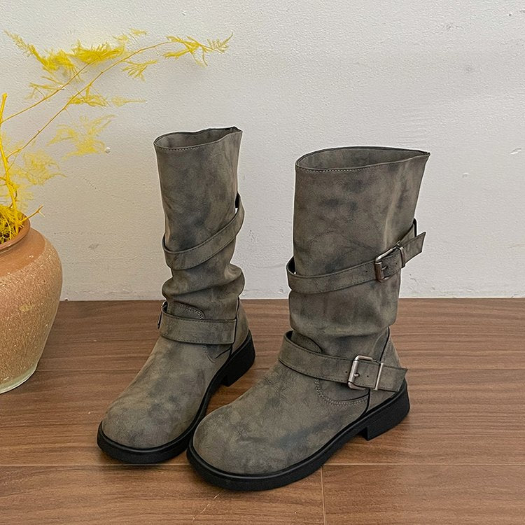 Distressed Slouchy Mid-Calf Boots | Buckle Strap Biker Booties | Y2K Retro