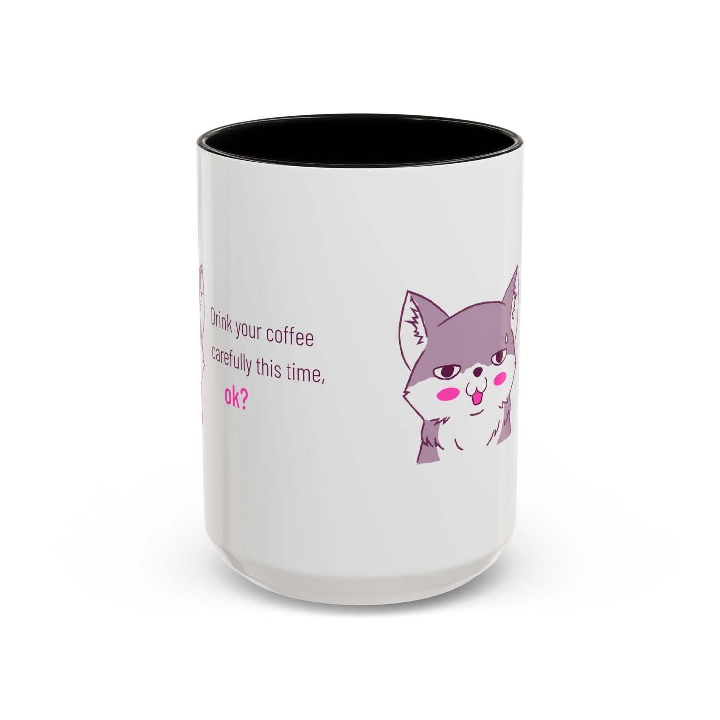 Accent Coffee Mug — Cute Shy Fox Design "Drink your coffee carefully this time, ok?"