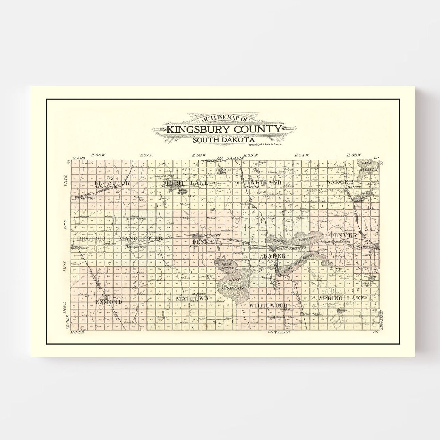 Vintage Map of Kingsbury County, South Dakota 1909