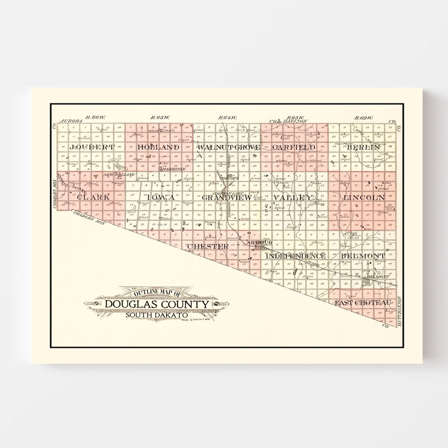 Vintage Map of Douglas County, South Dakota 1909