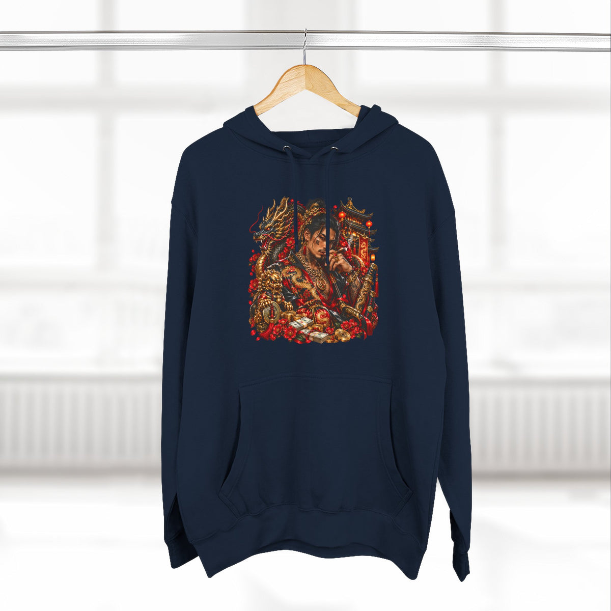 Dragon Battle Hoodie — Three-Panel Fleece Hooded Sweatshirt with Fiery Fantasy Artwork