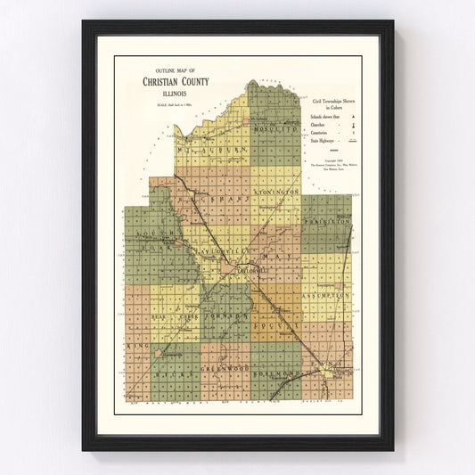 Vintage Map of Christian County, Illinois 1924