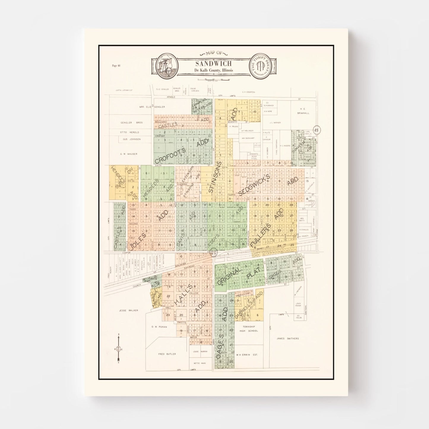 Vintage Map of Sandwich, Illinois 1929